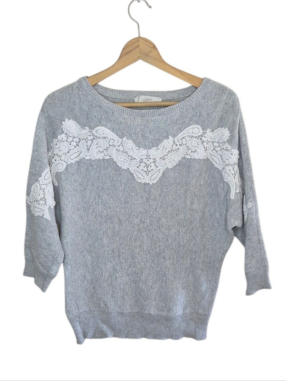 Loft Gray 3/4 Dolman Sleeve Sweater with Crochet Lace Detail Size Medium